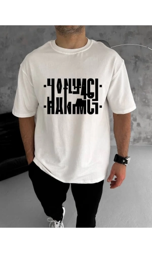 Unisex Bisiklet Yaka Katlanan Baskılı T-Shirt - Beyaz
