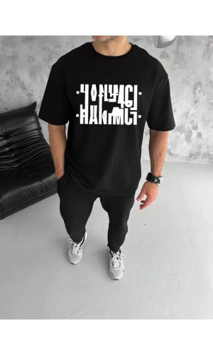 Unisex Bisiklet Yaka Katlanan Baskılı T-Shirt - Siyah