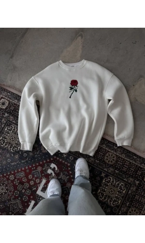 Unisex Bisiklet Yaka Ön Ve Arka Baskılı SweatShirt - Beyaz