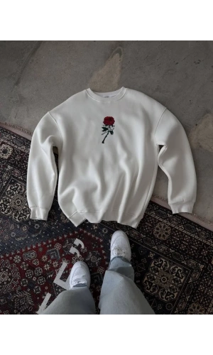 Unisex Bisiklet Yaka Ön Ve Arka Baskılı SweatShirt - Beyaz
