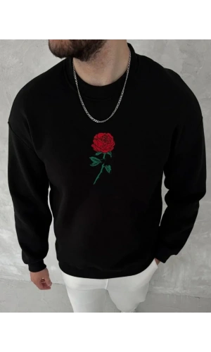 Unisex Bisiklet Yaka Ön Ve Arka Baskılı SweatShirt - Siyah