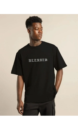 Unisex Bisiklet Yaka Oversize Baskılı T-Shirt - Siyah