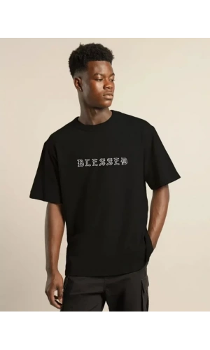 Unisex Bisiklet Yaka Oversize Baskılı T-Shirt - Siyah