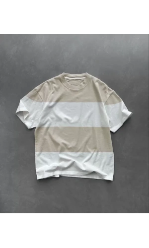 Unisex Bisiklet Yaka Parçalı T-Shirt - Bej