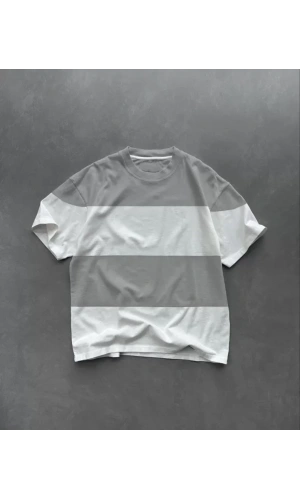 Unisex Bisiklet Yaka Parçalı T-Shirt - Gri