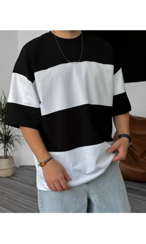 Unisex Bisiklet Yaka Parçalı T-Shirt - Siyah