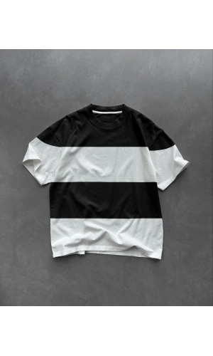 Unisex Bisiklet Yaka Parçalı T-Shirt - Siyah