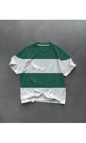 Unisex Bisiklet Yaka Parçalı T-Shirt - Yeşil