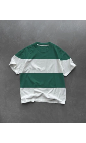 Unisex Bisiklet Yaka Parçalı T-Shirt - Yeşil