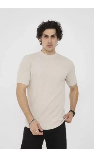 Unisex Bisiklet Yaka Slim Fit T-Shirt- Bej