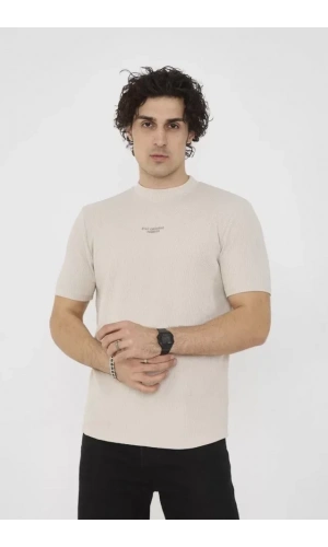 Unisex Bisiklet Yaka Slim Fit T-Shirt- Bej