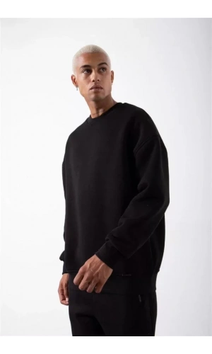 Unisex Biskilet Yaka Üç İplik SweatShirt - Siyah