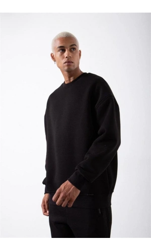 Unisex Biskilet Yaka Üç İplik SweatShirt - Siyah