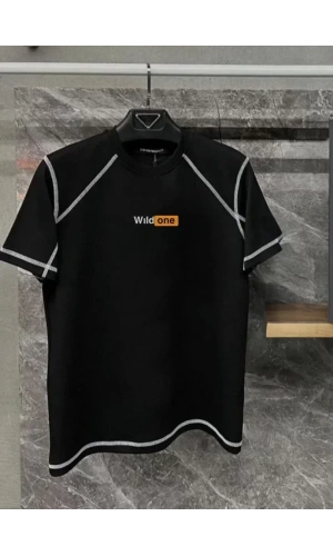 Unisex Dikişli Baskılı Oversize T-Shirt - Siyah