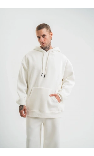 Unisex Double Oversize Kapşonlu Basic SweatShirt - Beyaz