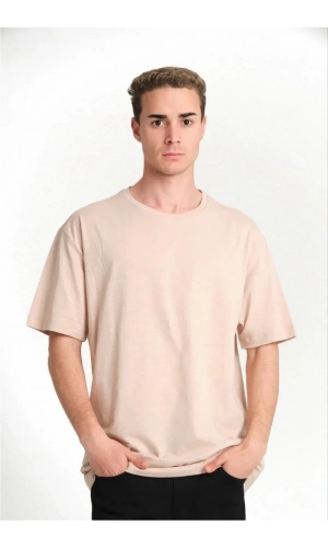 Unisex Düz Biskilet Yaka Oversize T-shirt - Bej