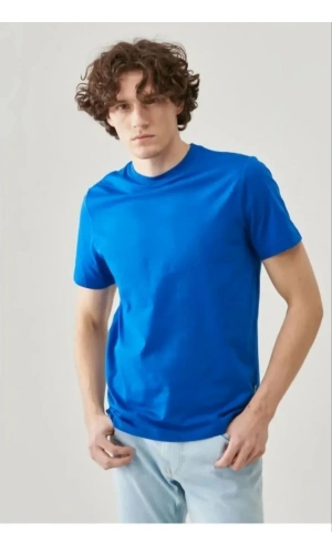 Unisex Düz Biskilet Yaka Oversize T-shirt - Mavi