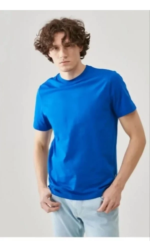 Unisex Düz Biskilet Yaka Oversize T-shirt - Mavi