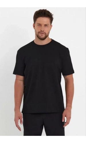 Unisex Düz Biskilet Yaka Oversize T-shirt - Siyah