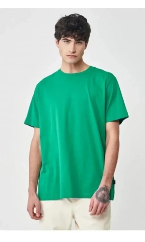 Unisex Düz Biskilet Yaka Oversize T-shirt - Yeşil