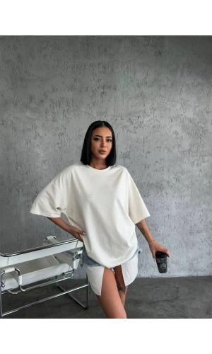 Unisex Düz Biskilet Yaka Oversize T-shirt - Beyaz