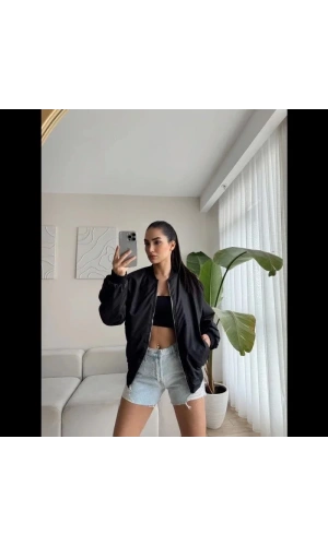 Unisex İçi Astarlı Düz Bomber Ceket - Siyah