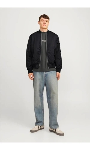Unisex İçi Astarlı Düz Bomber Ceket - Siyah