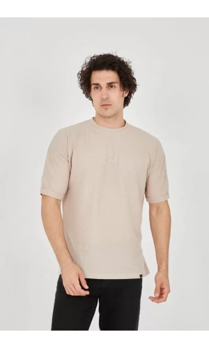 Unisex Jakar Kumaş Rahat Kol T-Shirt - Bej