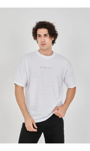 Unisex Jakar Kumaş Rahat Kol T-Shirt - Beyaz