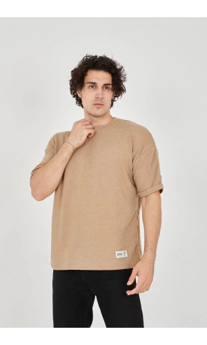 Unisex Jakar Kumaş Rahat Kol T-Shirt - Kahverengi