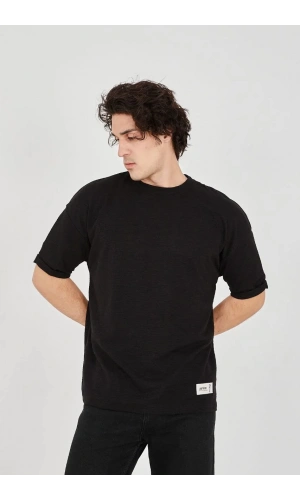Unisex Jakar Kumaş Rahat Kol T-Shirt - Siyah