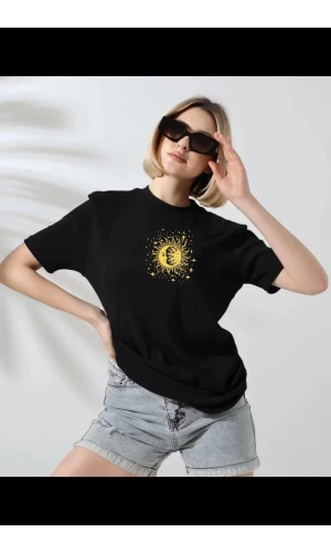 Unisex Kadın Bisiklet Yaka Baskılı T-Shirt - Siyah