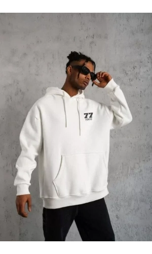 Unisex Kapşonlu Baskılı Sweetshirt - Beyaz