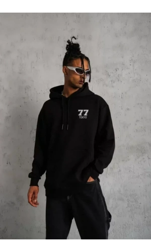 Unisex Kapşonlu Baskılı Sweetshirt - Siyah