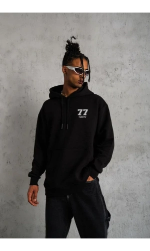 Unisex Kapşonlu Baskılı Sweetshirt - Siyah