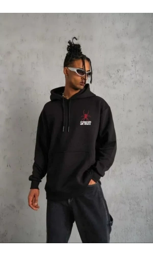 Unisex Kapşonlu Baskılı Sweetshirt - Siyah