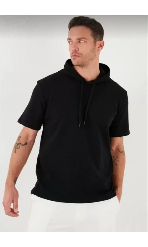 Unisex Kapşonlu Kısa Kol Düz Oversize T-shirt - Siyah