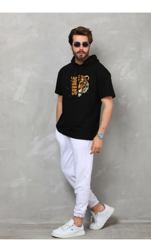 Unisex Kapşonlu Kısa Kol Oversize Baskılı T-Shirt - Siyah