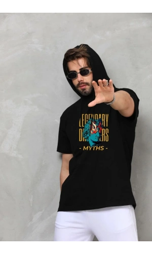 Unisex Kapşonlu Kolsuz Oversize Baskılı Tişört - Siyah