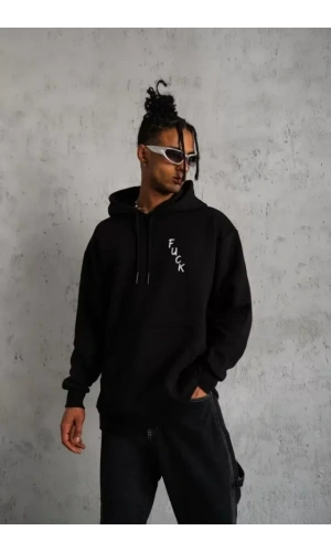 Unisex Kapşonlu Uzun Kol Baskılı Sweetshirt - Siyah