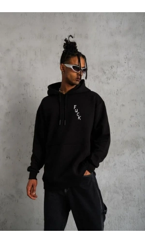 Unisex Kapşonlu Uzun Kol Baskılı Sweetshirt - Siyah