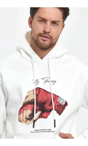 Unisex Kapüşonlu Üç İplik Oversize Baskılı Sweatshirt - Beyaz