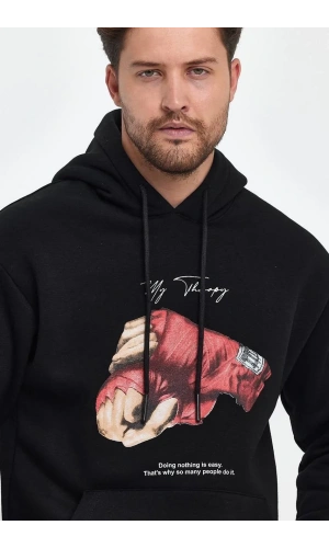 Unisex Kapüşonlu Üç İplik Oversize Baskılı Sweatshirt - Siyah