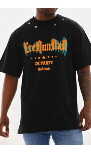 Unisex Kuşgözü Detaylı Baskılı Oversize T-Shirt - Siyah