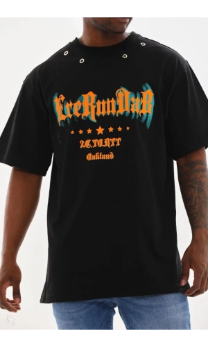 Unisex Kuşgözü Detaylı Baskılı Oversize T-Shirt - Siyah