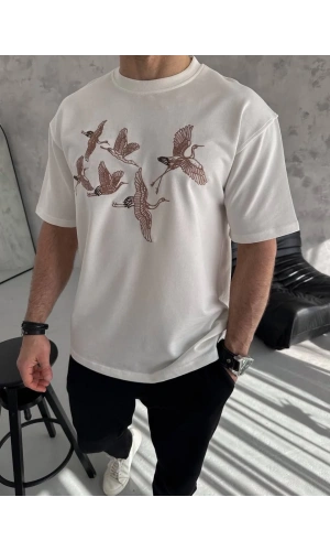 Unisex Nakış İşlemeli T-Shirt - Beyaz