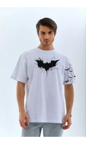 Unisex Ön Ve Kol Baskılı Oversize T-shirt - Beyaz