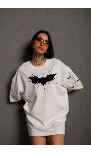 Unisex Ön ve Kol Baskılı Oversize T-shirt - Beyaz