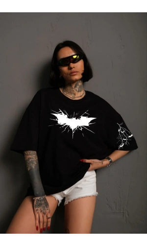 Unisex Ön ve Kol Baskılı Oversize T-shirt - Siyah