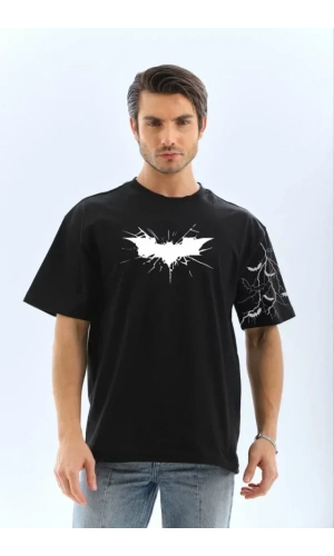 Unisex Ön Ve Kol Baskılı Oversize T-shirt - Siyah
